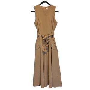 Nordstrom Sleeveless Belted Midi Dress Camel Tan Flap Pocket Detail Size S